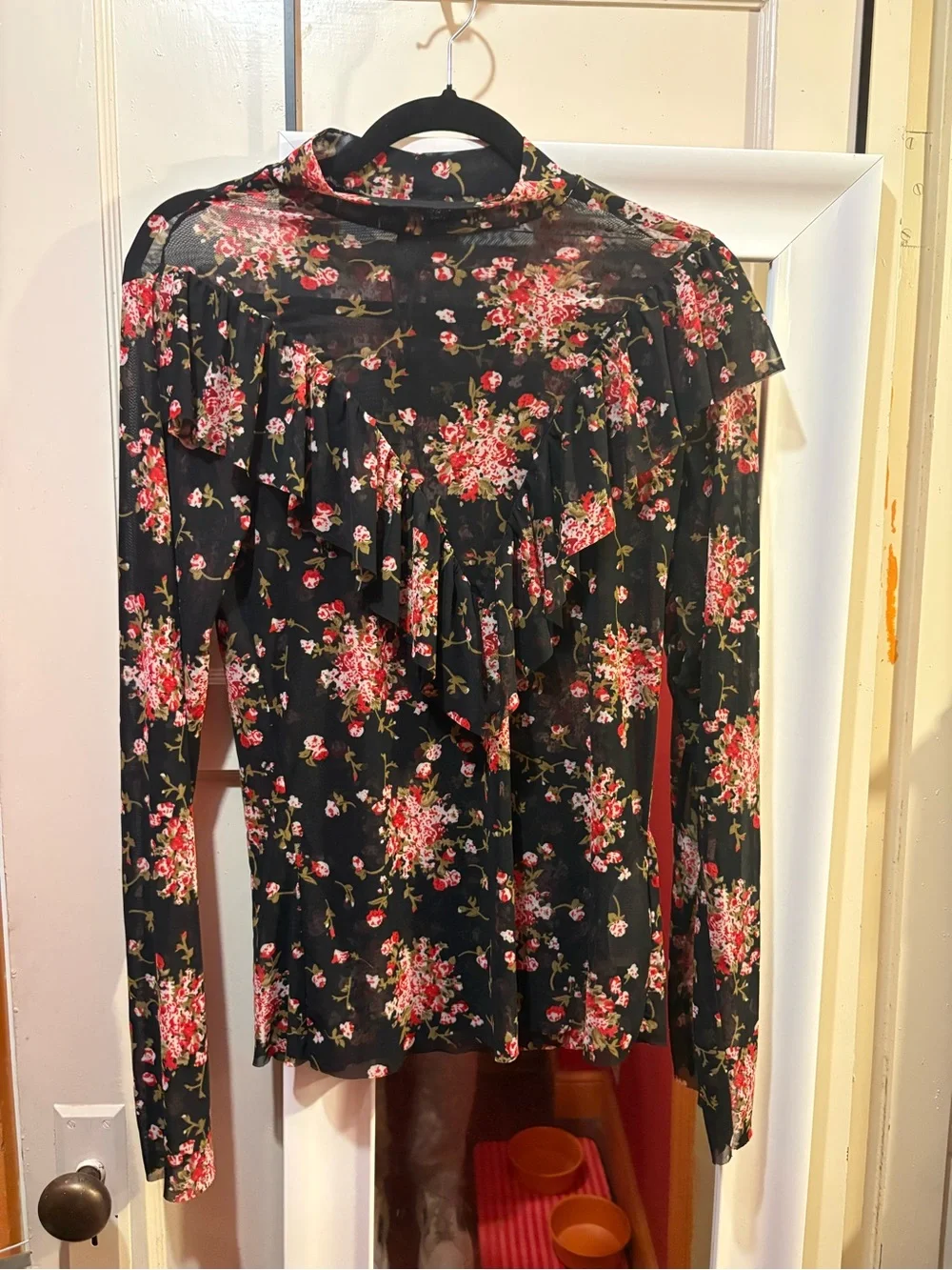 Y.A.S. Black floral mesh ruffle Long-Sleeve Top - Black with Pink Floral size L